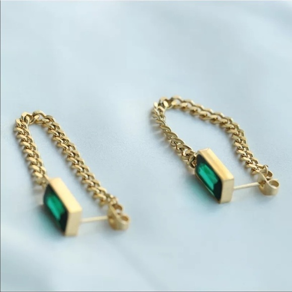 NEW 18K Gold Plated Green Crystal Chain Earrings - Picture 10 of 14